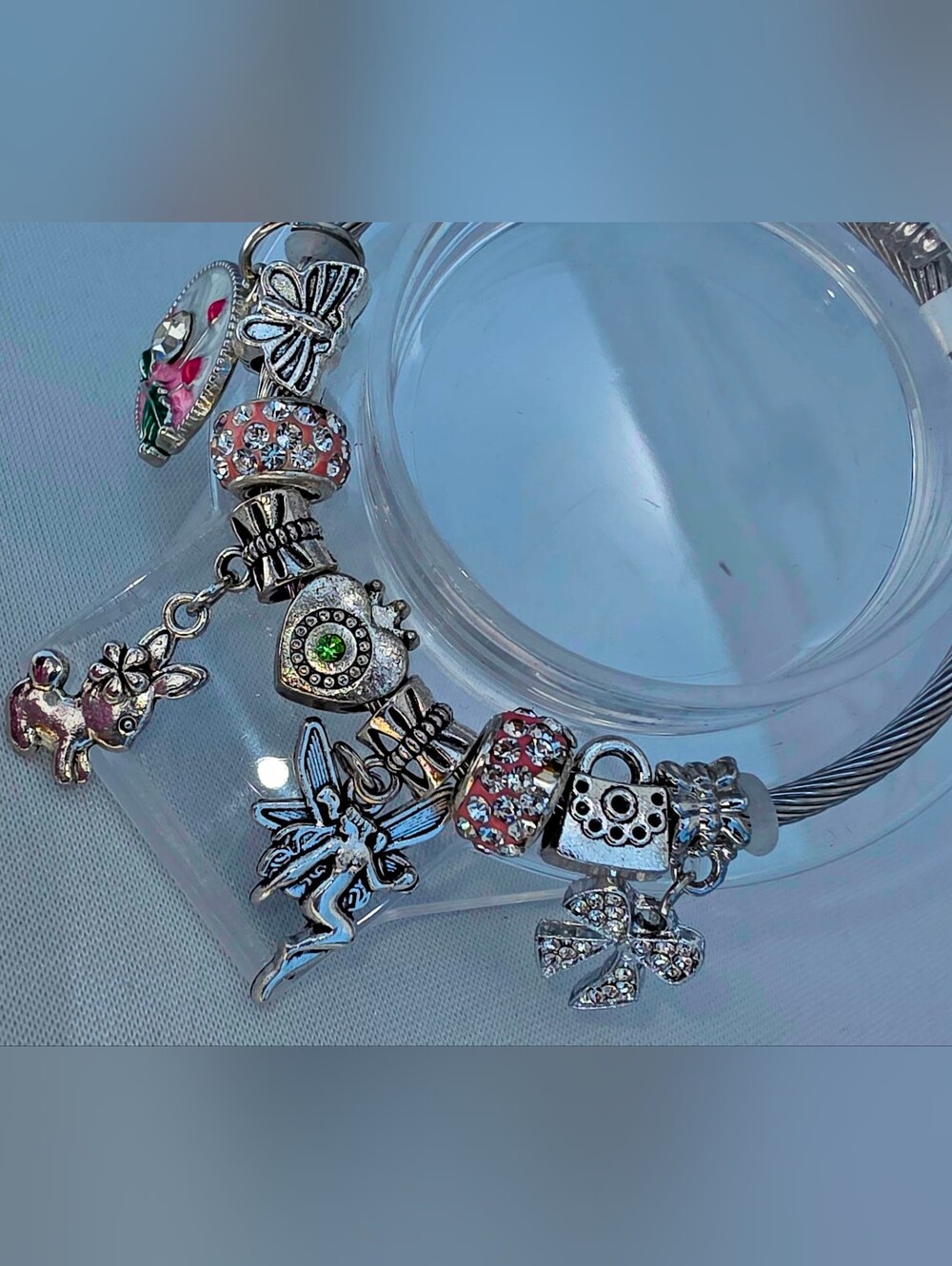 Handmade Silver Fairy Charm Bracelet with Pink Crystal Accents